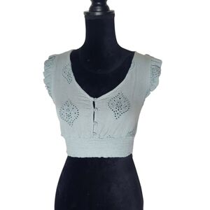 5/$15 Illa Illa Blue Green Eyelet Lace Ruffle Y2K Button Crop Top